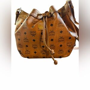 MCM Vintage Cognac Visetos Monogram Drawstring Bucket Bag